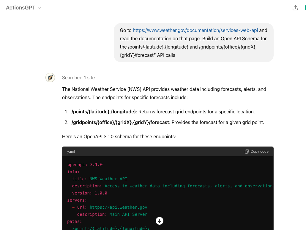 The above Actions GPT request